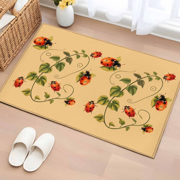 Entryway Rug 2'x3', Ladybugs Eucalyptus Small Rug for Kitchen Bathroom Door Mat Indoor Entrance, Spring Botanical Leaves Yellow Non-Slip Area Rugs Floor Mats Carpet Front Door Rugs