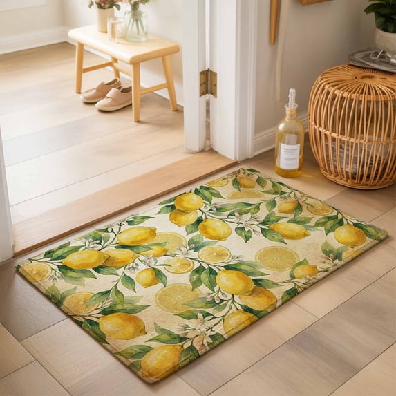 Entryway Rug 2'x3', Lemon Kitchen Runner Rugs Non-Slip Carpet Mats, Farmhouse Vintage Summer Retro Fruits Yellow Brown Bedside Rugs Runners Washable Floor Carpet for Bathroom Laundry Room