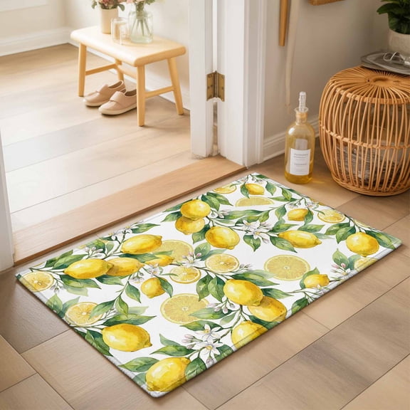 Entryway Rug 2'x3', Lemon Kitchen Runner Rugs Non-Slip Carpet Mats, Yellow Fruits Summer Watercolor Botanical Leaf Plant Bedside Rugs Runners Washable Floor Carpet for Bathroom Laundry Room