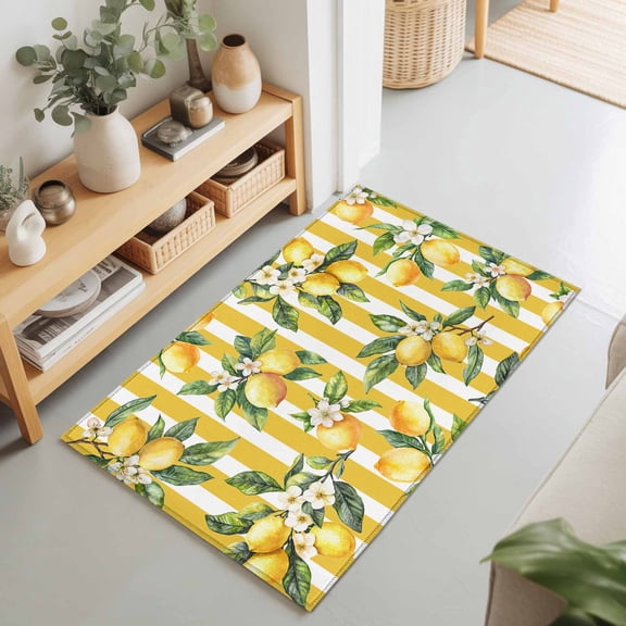 Entryway Rug 2'x3', Lemon Leaves Kitchen Runner Rugs Non-Slip Carpet Mats, Yellow Vertical Stripes Spring Flowers Bedside Rugs Runners Washable Floor Carpet for Bathroom Laundry Room