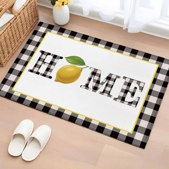 Entryway Rug 2'x3', Lemon Small Rug for Kitchen Bathroom Door Mat Indoor Entrance, Summer Botanical Black White Plaid Pastoral Non-Slip Area Rugs Floor Mats Carpet Front Door Rugs