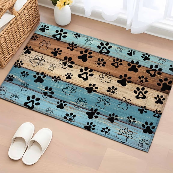 Entryway Rug 2'x3', Light Blue Brown Small Rug for Kitchen Bathroom Door Mat Indoor Entrance, Rustic Farmhouse Dog Paw Vintage Non-Slip Area Rugs Floor Mats Carpet Front Door Rugs