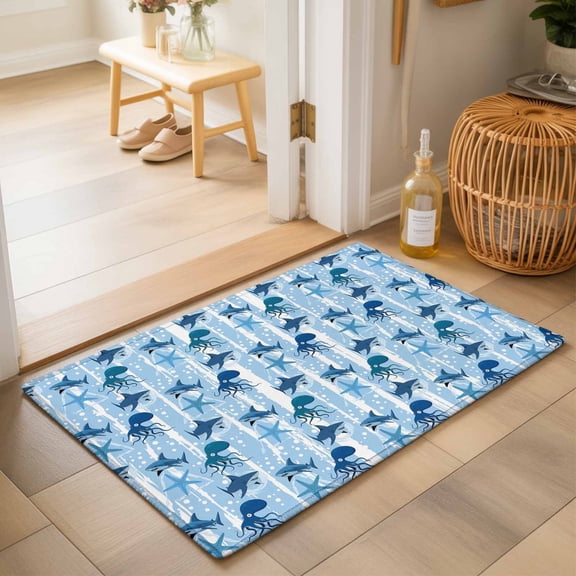 Entryway Rug 2'x3', Light Blue Coastal Kitchen Runner Rugs Non-Slip Carpet Mats, Summer Beach Octopus Shark Ocean Starfish Bedside Rugs Runners Washable Floor Carpet for Bathroom Laundry Room