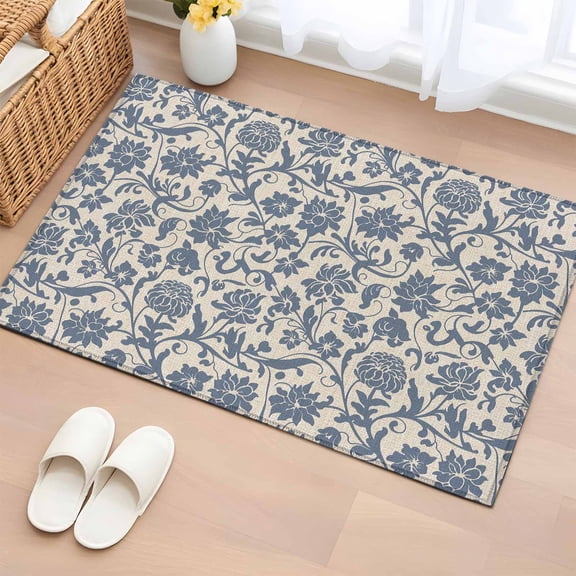 Entryway Rug 2'x3', Light Blue Floral Small Rug for Kitchen Bathroom Door Mat Indoor Entrance, Rustic Vintage Flowers Botanical Spring Non-Slip Area Rugs Floor Mats Carpet Front Door Rugs