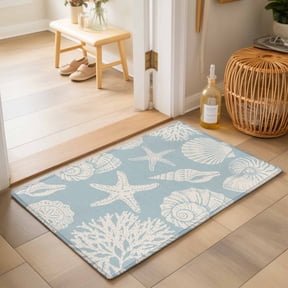 Entryway Rug 2'x3', Light Blue Starfish Coastal Kitchen Runner Rugs Non-Slip Carpet Mats, Shell Summer Beach Nautical Bedside Rugs Runners Washable Floor Carpet for Bathroom Laundry Room