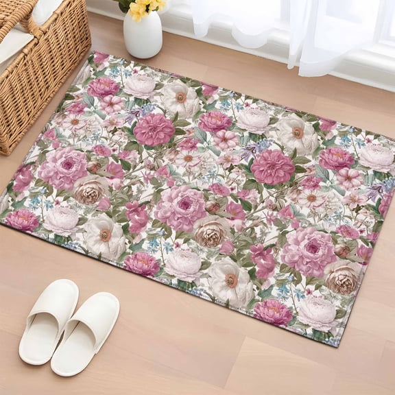 Entryway Rug 2'x3', Light Pink Spring Floral Small Rug for Kitchen Bathroom Door Mat Indoor Entrance, Vintage Summer Botanical Non-Slip Area Rugs Floor Mats Carpet Front Door Rugs