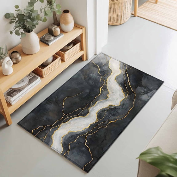 Entryway Rug 2'x3', Marble Kitchen Runner Rugs Non-Slip Carpet Mats, Black Grey Modern Luxury Gold Bedside Rugs Runners Washable Floor Carpet for Bathroom Laundry Room
