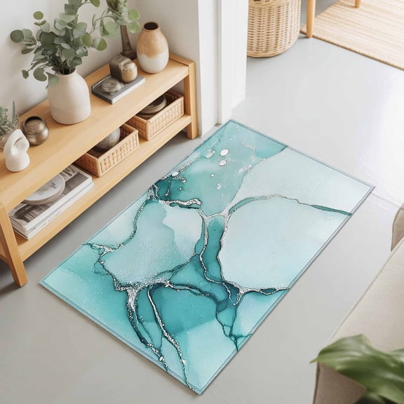 Entryway Rug 2'x3', Marble Turquoise Kitchen Runner Rugs Non-Slip Carpet Mats, Abstract Nature Cracks Silver Wavy Bedside Rugs Runners Washable Floor Carpet for Bathroom Laundry Room