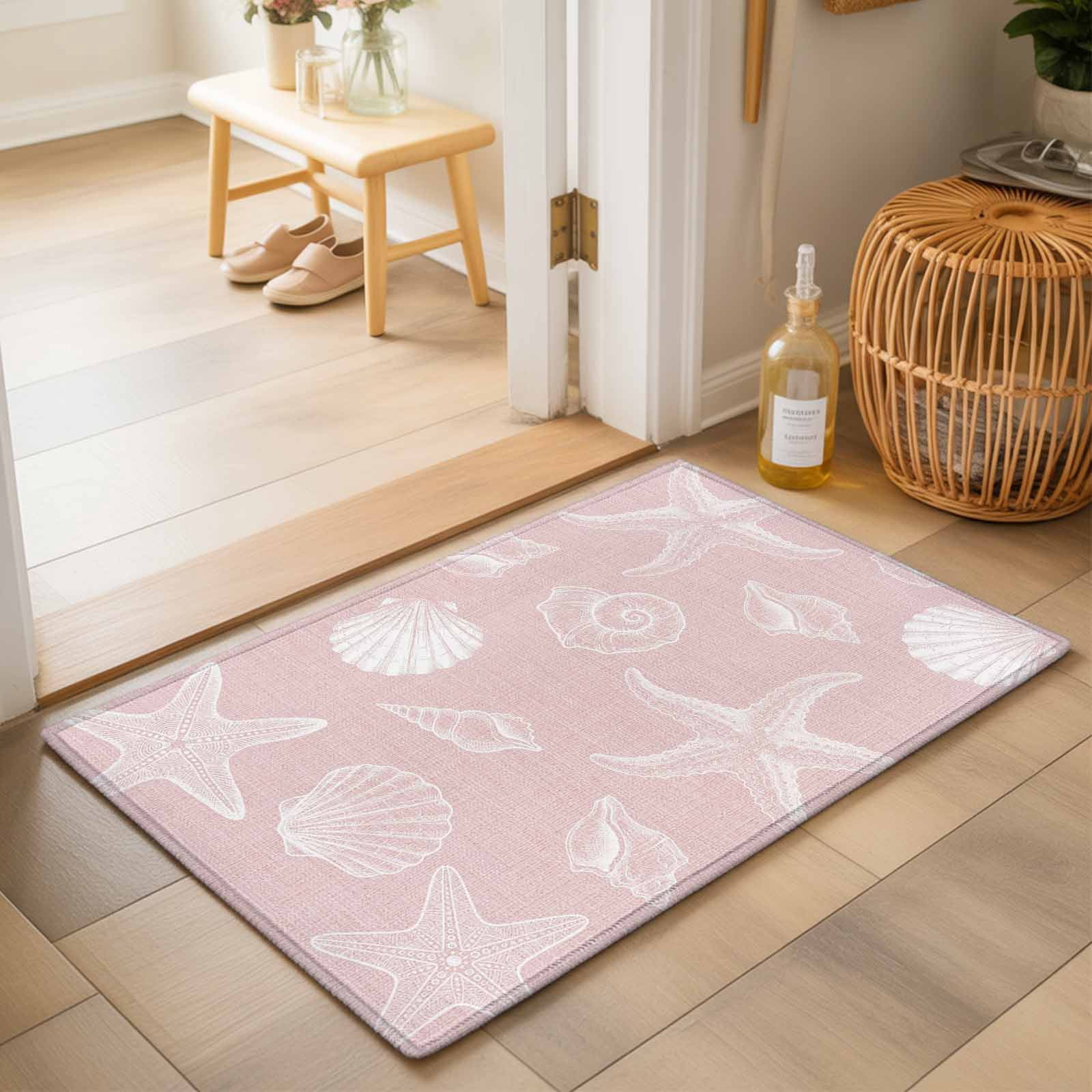 Entryway Rug 2'x3', Marine Life Kitchen Runner Rugs Non-Slip Carpet Mats, Summer Ocean Starfish Conch Seashell Pink Bedside Rugs Runners Washable Floor Carpet for Bathroom Laundry Room