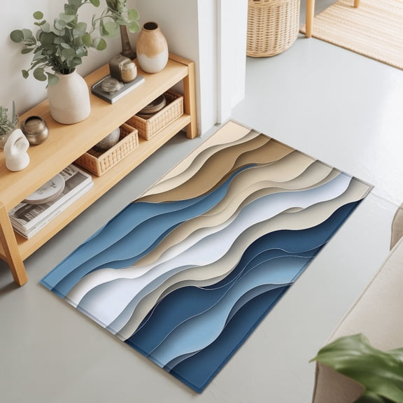 Entryway Rug 2'x3', Modern Blue Brown Kitchen Runner Rugs Non-Slip Carpet Mats, Coastal Beach Wave Geometric Bedside Rugs Runners Washable Floor Carpet for Bathroom Laundry Room
