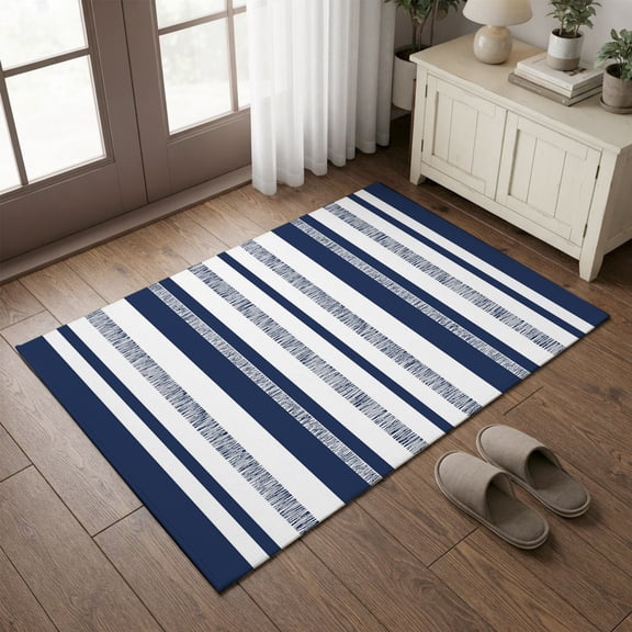 Entryway Rug 2'x3', Modern Minimalist Kitchen Runner Rugs Non-Slip Carpet Mats, Simple Vertical Stripes Pattern Navy Blue Bedside Rugs Runners Washable Floor Carpet for Bathroom Laundry Room