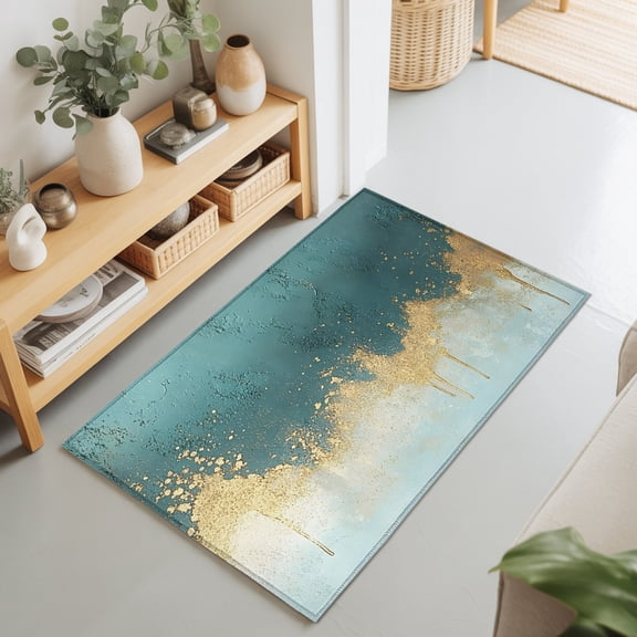 Entryway Rug 2'x3', Modern Teal Turquoise Kitchen Runner Rugs Non-Slip Carpet Mats, Abstract Oil Painting Minimalist Art Bedside Rugs Runners Washable Floor Carpet for Bathroom Laundry Room