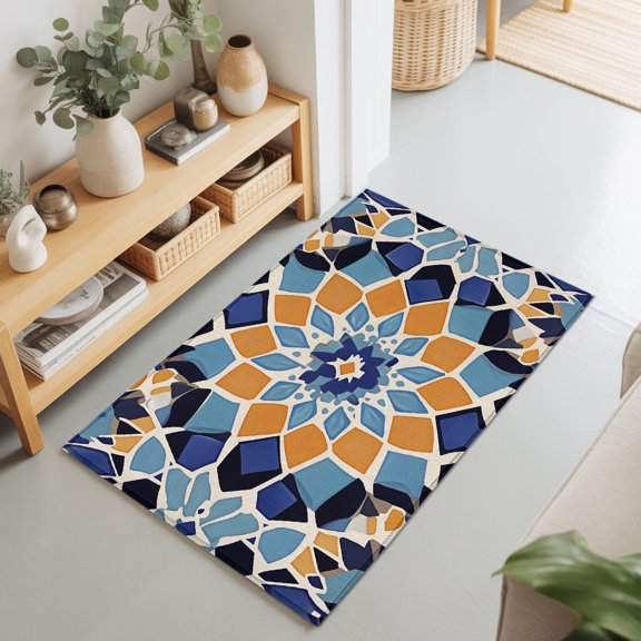 Entryway Rug 2'x3', Morocco Orange Kitchen Runner Rugs Non-Slip Carpet Mats, Blue Boho Retro Flower Pattern Abstract Bedside Rugs Runners Washable Floor Carpet for Bathroom Laundry Room