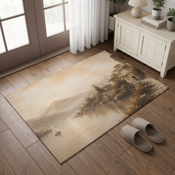 Entryway Rug 2'x3', Mountain Landscape Kitchen Runner Rugs Non-Slip Carpet Mats, Modern Abstract Art Countryside River Bedside Rugs Runners Washable Floor Carpet for Bathroom Laundry Room