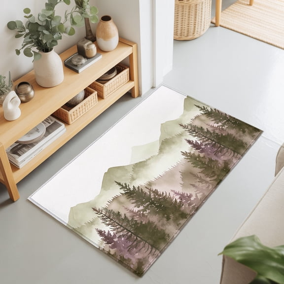 Entryway Rug 2'x3', Mountains Forest Kitchen Runner Rugs Non-Slip Carpet Mats, Watercolor Rustic Nature Landscape Bedside Rugs Runners Washable Floor Carpet for Bathroom Laundry Room