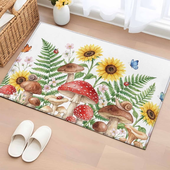 Entryway Rug 2'x3', Mushroom Sunflowers Small Rug for Kitchen Bathroom Door Mat Indoor Entrance, Summer Botanical Butterfly Pastoral Non-Slip Area Rugs Floor Mats Carpet Front Door Rugs