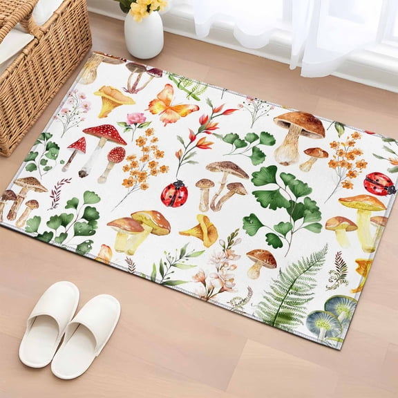 Entryway Rug 2'x3', Mushrooms Ferns Small Rug for Kitchen Bathroom Door Mat Indoor Entrance, Watercolor Forest Floral Botanical Spring Non-Slip Area Rugs Floor Mats Carpet Front Door Rugs