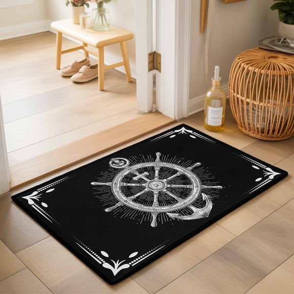 Entryway Rug 2'x3', Nautical Anchor Kitchen Runner Rugs Non-Slip Carpet Mats, Coastal Ocean Sea Chic Textured Black Bedside Rugs Runners Washable Floor Carpet for Bathroom Laundry Room