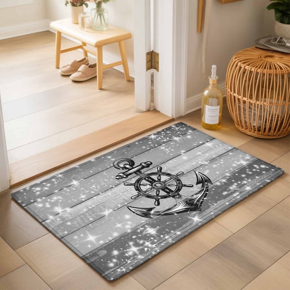 Entryway Rug 2'x3', Nautical Anchor Kitchen Runner Rugs Non-Slip Carpet Mats, Rudder Stars Retro Black Grey Wooden Grain Bedside Rugs Runners Washable Floor Carpet for Bathroom Laundry Room