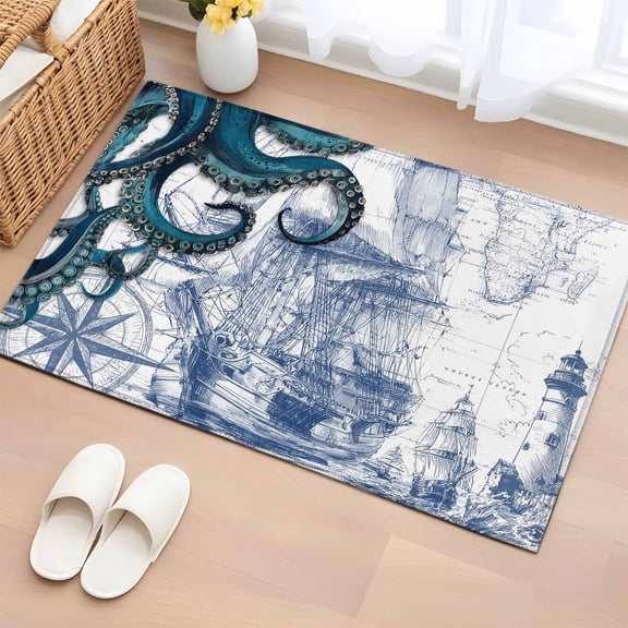 Entryway Rug 2'x3', Nautical Blue Octopus Small Rug for Kitchen Bathroom Door Mat Indoor Entrance, Coastal Ocean Summer Boat Non-Slip Area Rugs Floor Mats Carpet Front Door Rugs