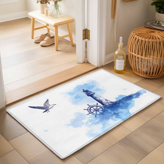 Entryway Rug 2'x3', Nautical Lighthouse Kitchen Runner Rugs Non-Slip Carpet Mats, Blue Summer Coastal Rudder Seagull Bedside Rugs Runners Washable Floor Carpet for Bathroom Laundry Room