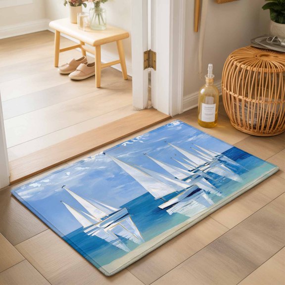 Entryway Rug 2'x3', Nautical Sailboat Kitchen Runner Rugs Non-Slip Carpet Mats, Summer Coastal Boat Painting Art Sky Blue Bedside Rugs Runners Washable Floor Carpet for Bathroom Laundry Room
