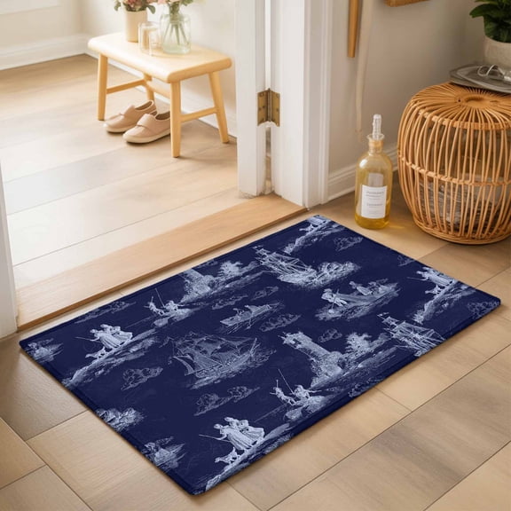 Entryway Rug 2'x3', Nautical Ship Kitchen Runner Rugs Non-Slip Carpet Mats, Blue Vintage Coastal Ocean Lighthouse Map Bedside Rugs Runners Washable Floor Carpet for Bathroom Laundry Room