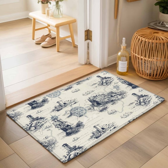 Entryway Rug 2'x3', Nautical Ship Kitchen Runner Rugs Non-Slip Carpet Mats, Retro Coastal Ocean Lighthouse Mountain Map Bedside Rugs Runners Washable Floor Carpet for Bathroom Laundry Room