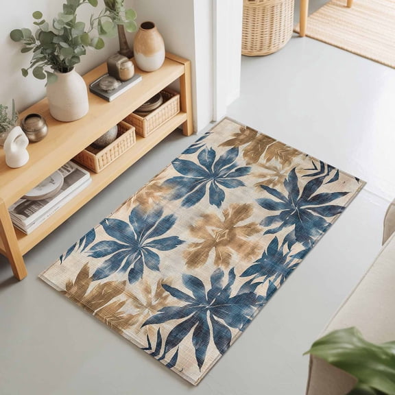 Entryway Rug 2'x3', Navy Blue Brown Kitchen Runner Rugs Non-Slip Carpet Mats, Tropical Botanical Palm Leaves Vintage Bedside Rugs Runners Washable Floor Carpet for Bathroom Laundry Room