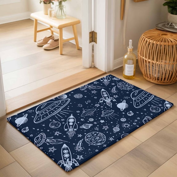 Entryway Rug 2'x3', Navy Blue Cartoon Space Kitchen Runner Rugs Non-Slip Carpet Mats, Star Spacecraft Rocket Meteorite Bedside Rugs Runners Washable Floor Carpet for Bathroom Laundry Room