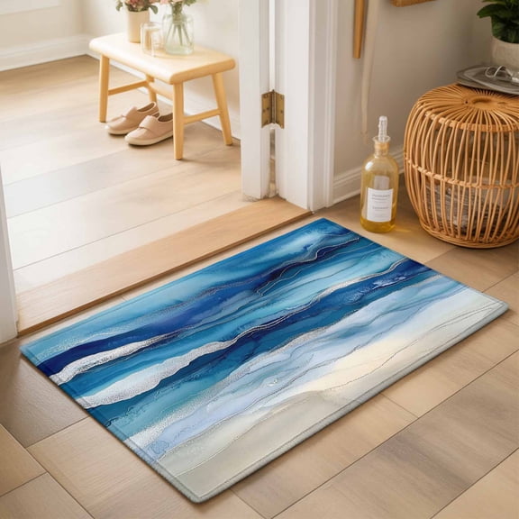 Entryway Rug 2'x3', Navy Blue Coastal Beach Kitchen Runner Rugs Non-Slip Carpet Mats, Summer Nautical Ocean Ombre Art Bedside Rugs Runners Washable Floor Carpet for Bathroom Laundry Room