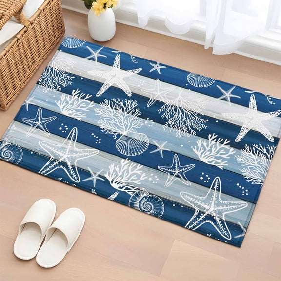 Entryway Rug 2'x3', Navy Blue Coastal Beach Small Rug for Kitchen Bathroom Door Mat Indoor Entrance, Nautical Starfish Coral Vintage Wooden Non-Slip Area Rugs Floor Mats Carpet Front Door Rugs