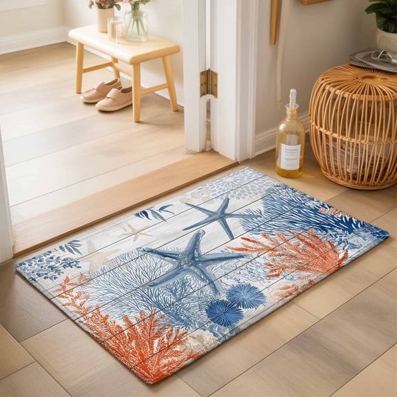 Entryway Rug 2'x3', Navy Blue Coastal Kitchen Runner Rugs Non-Slip Carpet Mats, Nautical Summer Beach Ocean Coral Wooden Bedside Rugs Runners Washable Floor Carpet for Bathroom Laundry Room