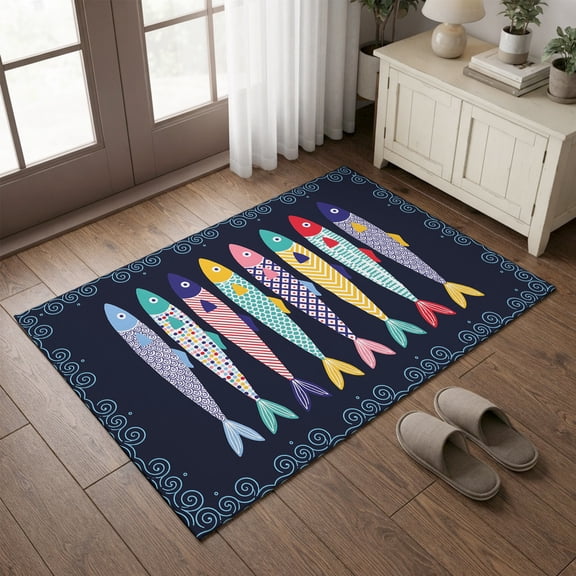Entryway Rug 2'x3', Navy Blue Fish Coastal Kitchen Runner Rugs Non-Slip Carpet Mats, Nautical Summer Ocean Sea Bedside Rugs Runners Washable Floor Carpet for Bathroom Laundry Room