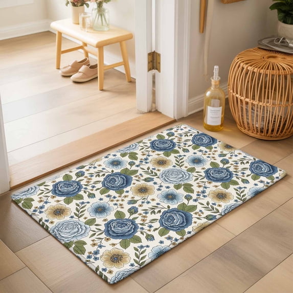 Entryway Rug 2'x3', Navy Blue Floral Kitchen Runner Rugs Non-Slip Carpet Mats, Vintage Abstract Art Botanical Flowers Bedside Rugs Runners Washable Floor Carpet for Bathroom Laundry Room