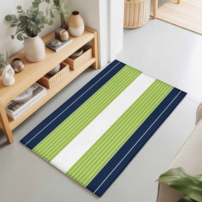 Entryway Rug 2'x3', Navy Blue Green Stripe Kitchen Runner Rugs Non-Slip Carpet Mats, Modern Art Horizontal Striped Bedside Rugs Runners Washable Floor Carpet for Bathroom Laundry Room