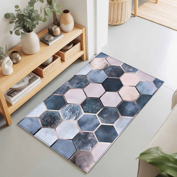 Entryway Rug 2'x3', Navy Blue Grey Kitchen Runner Rugs Non-Slip Carpet Mats, Modern Abstract Art Geometric Bedside Rugs Runners Washable Floor Carpet for Bathroom Laundry Room
