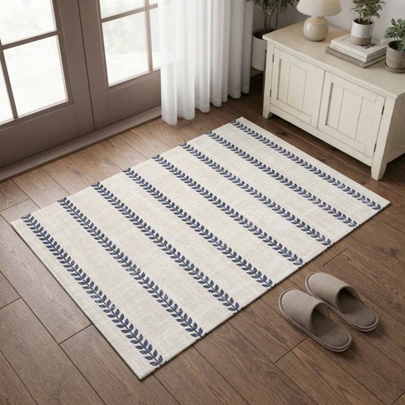 Entryway Rug 2'x3', Navy Blue Lines Kitchen Runner Rugs Non-Slip Carpet Mats, Modern Vertical Stripes Simple Beige Bedside Rugs Runners Washable Floor Carpet for Bathroom Laundry Room