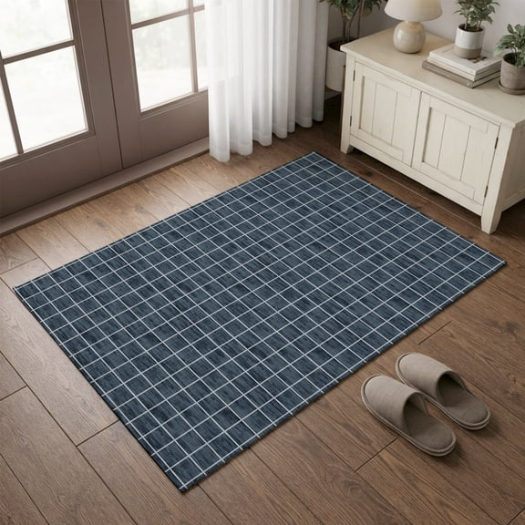 Entryway Rug 2'x3', Navy Blue Plaid Kitchen Runner Rugs Non-Slip Carpet Mats, Farmhouse Buffalo Checkered Gingham Bedside Rugs Runners Washable Floor Carpet for Bathroom Laundry Room