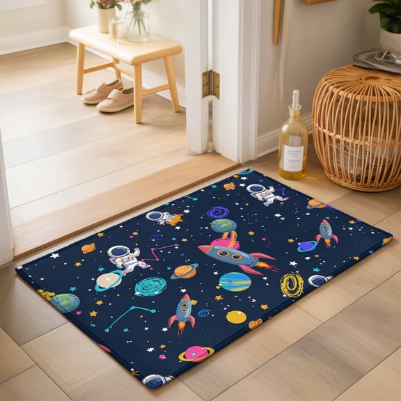 Entryway Rug 2'x3', Navy Blue Space Kitchen Runner Rugs Non-Slip Carpet Mats, Rocket Planet Star Colorful Bedside Rugs Runners Washable Floor Carpet for Bathroom Laundry Room