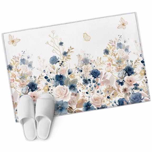 Entryway Rug 2'x3' Navy Blue Spring Floral Small Area Rug Non-Slip Front Door Mat Washable Floor Carpet for Indoor Entrance Kitchen Bathroom