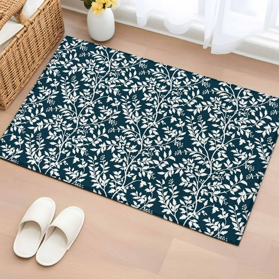 Entryway Rug 2'x3', Navy Blue Spring Floral Small Rug for Kitchen Bathroom Door Mat Indoor Entrance, Farmhouse Flowers Elegant Pastoral Non-Slip Area Rugs Floor Mats Carpet Front Door Rugs