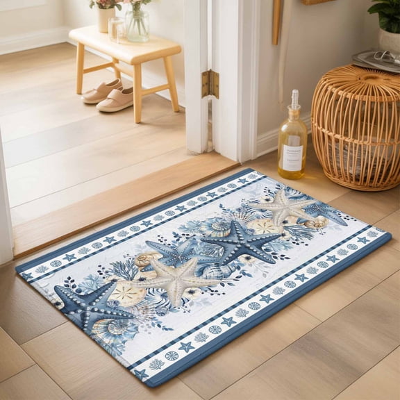 Entryway Rug 2'x3', Navy Blue Starfish Coastal Kitchen Runner Rugs Non-Slip Carpet Mats, Ocean Beach Coral Nautical Bedside Rugs Runners Washable Floor Carpet for Bathroom Laundry Room