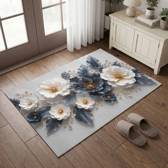 Entryway Rug 2'x3', Navy Blue White Floral Small Rug for Kitchen Bathroom Door Mat Indoor Entrance, Modern Flowers Leaves Non-Slip Area Rugs Floor Mats Carpet Front Door Rugs