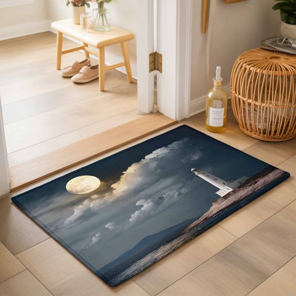 Entryway Rug 2'x3', Night Seaside Lighthouse Kitchen Runner Rugs Non-Slip Carpet Mats, Coastal Moonlight Ocean Bedside Rugs Runners Washable Floor Carpet for Bathroom Laundry Room
