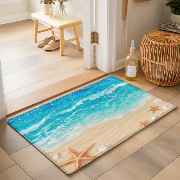 Entryway Rug 2'x3', Ocean Beach Kitchen Runner Rugs Non-Slip Carpet Mats, Coastal Nautical Starfish Seashells Sea Waves Bedside Rugs Runners Washable Floor Carpet for Bathroom Laundry Room