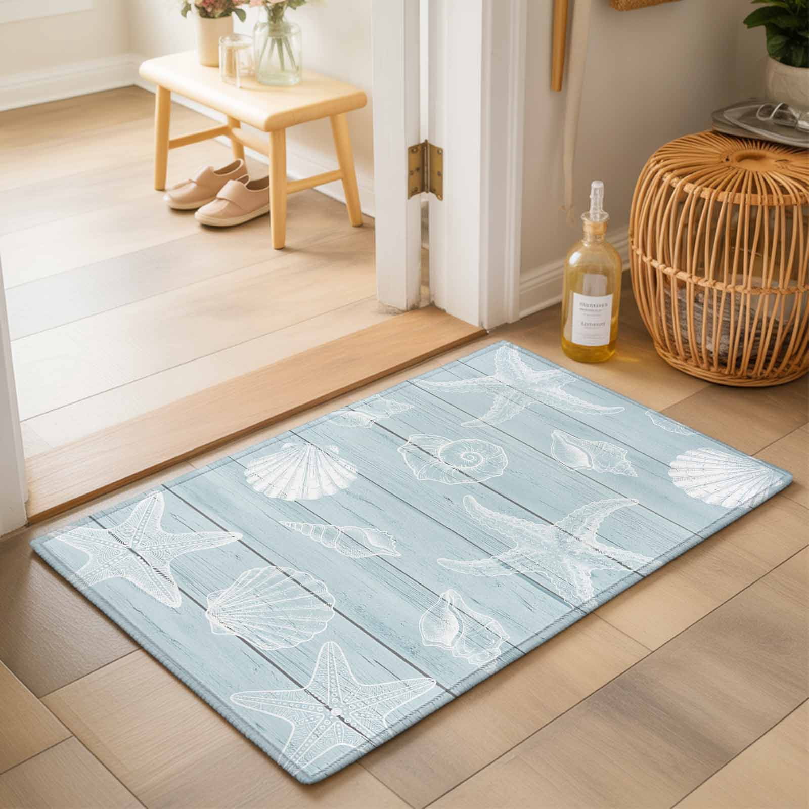 Entryway Rug 2'x3', Ocean Beach Kitchen Runner Rugs Non-Slip Carpet Mats, Summer Coastal Starfish Shell Conch Wooden Green Bedside Rugs Runners Washable Floor Carpet for Bathroom Laundry Room