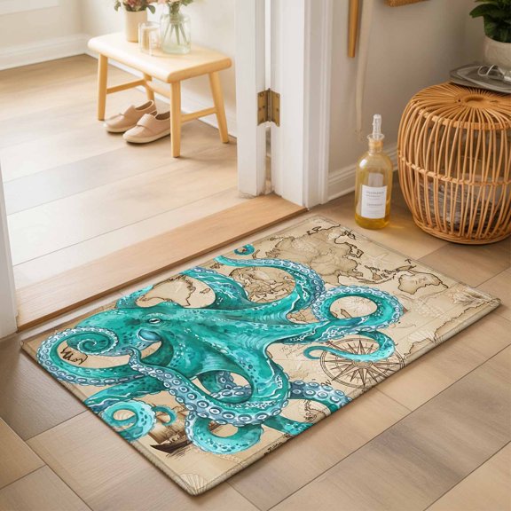 Entryway Rug 2'x3', Ocean Blue Octopus Kitchen Runner Rugs Non-Slip Carpet Mats, Coastal Anchor Sea Boat Retro World Map Bedside Rugs Runners Washable Floor Carpet for Bathroom Laundry Room