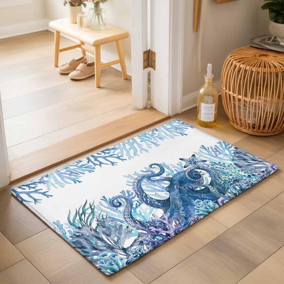Entryway Rug 2'x3', Ocean Blue Octopus Kitchen Runner Rugs Non-Slip Carpet Mats, Coastal Coral Beach Nautical Starfish Bedside Rugs Runners Washable Floor Carpet for Bathroom Laundry Room