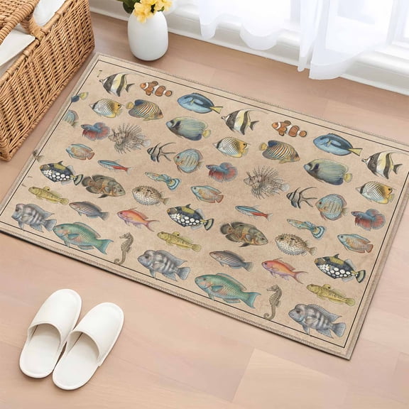 Entryway Rug 2'x3', Ocean Fishes Small Rug for Kitchen Bathroom Door Mat Indoor Entrance, Retro Tropical Coastal Animal Brown Non-Slip Area Rugs Floor Mats Carpet Front Door Rugs